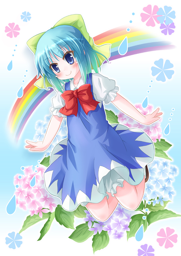 kawai kei (artist), cirno, touhou, bad id, bad pixiv id, 1girl, bloomers, blue eyes, blue hair, blush, bow, bowtie, female focus, frills, gathers, happy, kneeling, large bow, matching hair/eyes, outstretched arms, rainbow, ribbon, short hair, smile, solo, spread arms, underwear