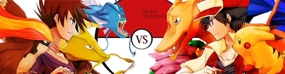 asrhion, alakazam, blue oak, blue oak (pokemon rgby), charizard, gyarados, pidgeot, pikachu, red (pokemon), venusaur, nintendo, pokemon, pokemon rgby, 1990s (style), 2boys, baseball cap, black hair, blue eyes, brown hair, copyright name, gen 1 pokemon, green eyes, hat, holding, holding poke ball, jewelry, male focus, multiple boys, necklace, poke ball, pokemon (creature), red eyes, retro artstyle, vs