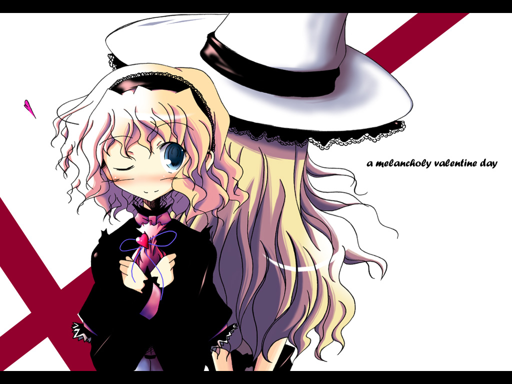 mashiroyu, alice margatroid, kirisame marisa, touhou, 2girls, alternate costume, back-to-back, blonde hair, blue eyes, blush, female focus, hat, letterboxed, long sleeves, looking at viewer, multiple girls, one eye closed, short hair, simple background, text focus, upper body, white background, wink, witch, witch hat