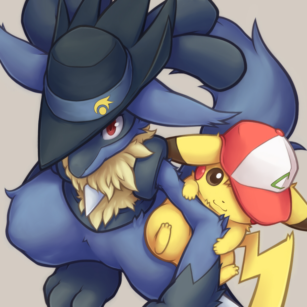 tsuji, tsuji28, ash ketchum, lucario, pikachu, sir aaron, nintendo, pokemon, pokemon: lucario and the mystery of mew, pokemon (anime), pokemon rse (anime), highres, 2boys, ash ketchum (cosplay), baseball cap, brown eyes, clothed pokemon, cosplay, furry, furry male, gen 1 pokemon, gen 4 pokemon, grey background, hat, multiple boys, red eyes, serious, simple background, sir aaron (cosplay), smile, tail