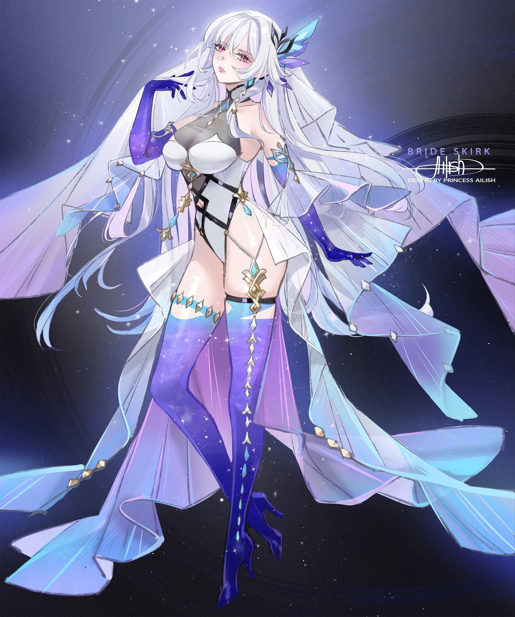 princess ailish, skirk (genshin impact), genshin impact, commentary, english commentary, highres, 1girl, alternate costume, artist name, asymmetrical legwear, bare shoulders, breasts, bridal veil, character name, dress, full body, gloves, hair ornament, halterneck, large breasts, leotard, long hair, looking at viewer, purple gloves, red eyes, signature, solo, thighhighs, veil, very long hair, white dress, white hair, white leotard