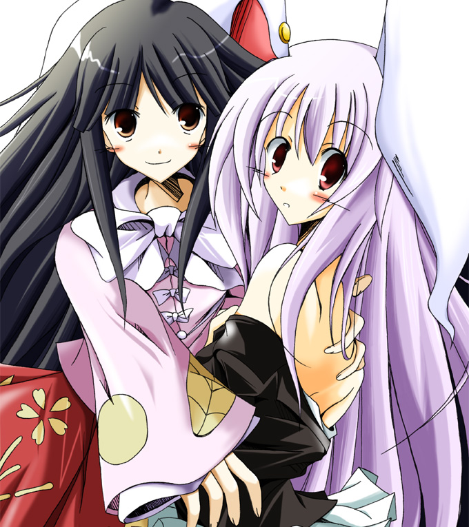 mashiroyu, houraisan kaguya, reisen udongein inaba, touhou, 2girls, animal ears, bare shoulders, black dress, black hair, blouse, blush, dress, female focus, green eyes, hug, long hair, long sleeves, looking at viewer, multiple girls, purple hair, rabbit ears, red eyes, red hair, shirt, sidelocks, simple background, very long hair, white background
