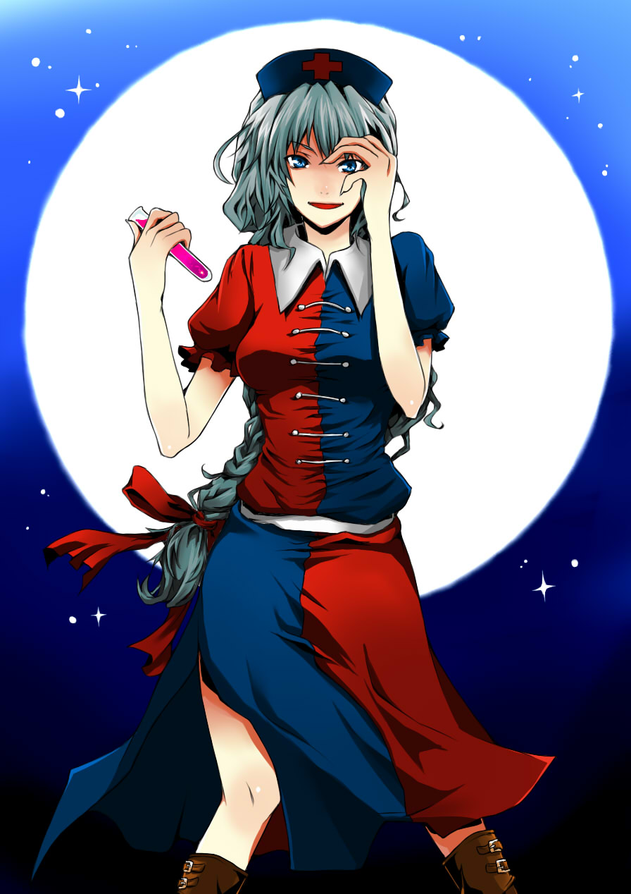 hitoto, yagokoro eirin, touhou, silver hair, bad id, bad pixiv id, highres, 1girl, blue eyes, boots, braid, cross, drugs, female focus, hand on own face, hat, long hair, moon, night, night sky, red cross, red eyes, sky, smile, solo, test tube
