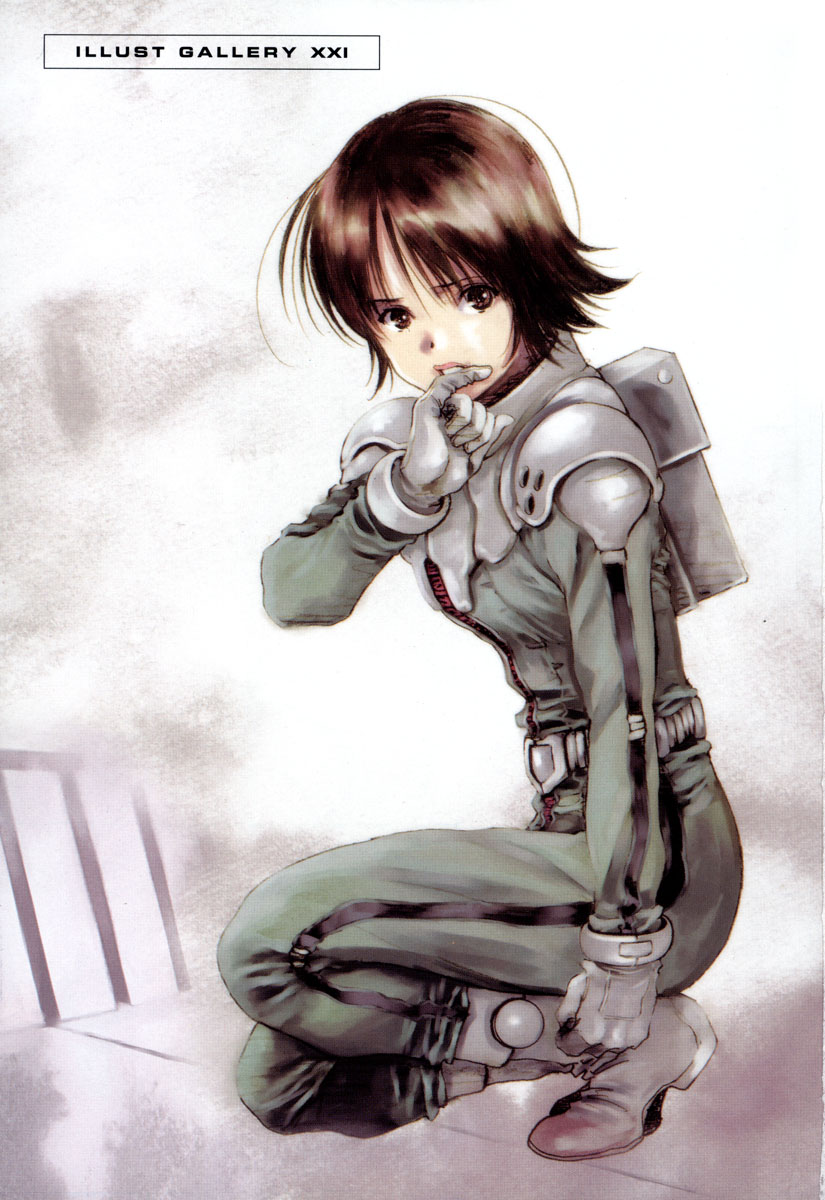 mikimoto haruhiko, asuna elmarit, ecole du ciel, gundam, pilot suit, highres, non-web source, scan, traditional media, 1girl, boots, brown eyes, brown hair, female focus, full body, gloves, short hair, solo