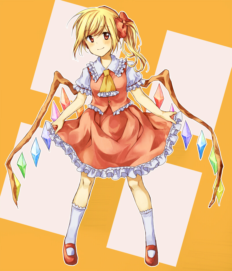 kutsushita, kutsushita (tokati r), flandre scarlet, touhou, bad id, bad pixiv id, 1girl, blonde hair, female focus, no headwear, ponytail, red eyes, short hair, side ponytail, solo, wings