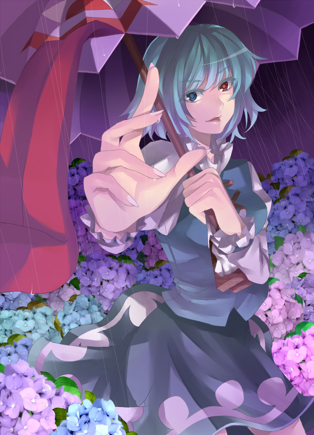 hitoto, tatara kogasa, touhou, bad id, bad pixiv id, highres, 1girl, blue eyes, blue hair, colored eyelashes, eyelashes, female focus, flower, foreshortening, heterochromia, hydrangea, karakasa obake, looking at viewer, matching hair/eyes, outstretched arm, rain, red eyes, sandals, short hair, solo, tongue, umbrella