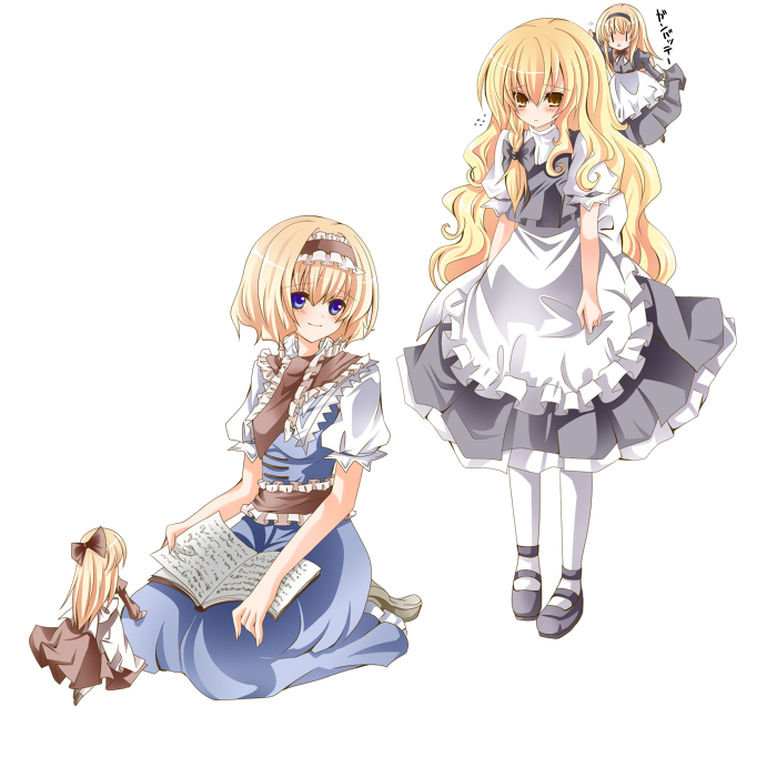 nanase nao, alice margatroid, hourai doll, kirisame marisa, shanghai doll, touhou, bad id, bad pixiv id, translated, 2girls, apron, blonde hair, blue eyes, blush, book, bow, braid, doll, embarrassed, female focus, hair bow, hairband, kneeling, long hair, looking back, multiple girls, no headwear, open book, pantyhose, reading, shoes, short hair, side braid, smile, standing, yellow eyes