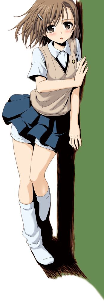 takumi namuchi, misaka mikoto, toaru majutsu no index, long image, tall image, 00s, 1girl, against wall, blush, brown eyes, brown hair, female focus, hair ornament, hairclip, kneehighs, loose socks, open mouth, school uniform, short hair, shorts, skirt, socks, solo, sweater vest, vest