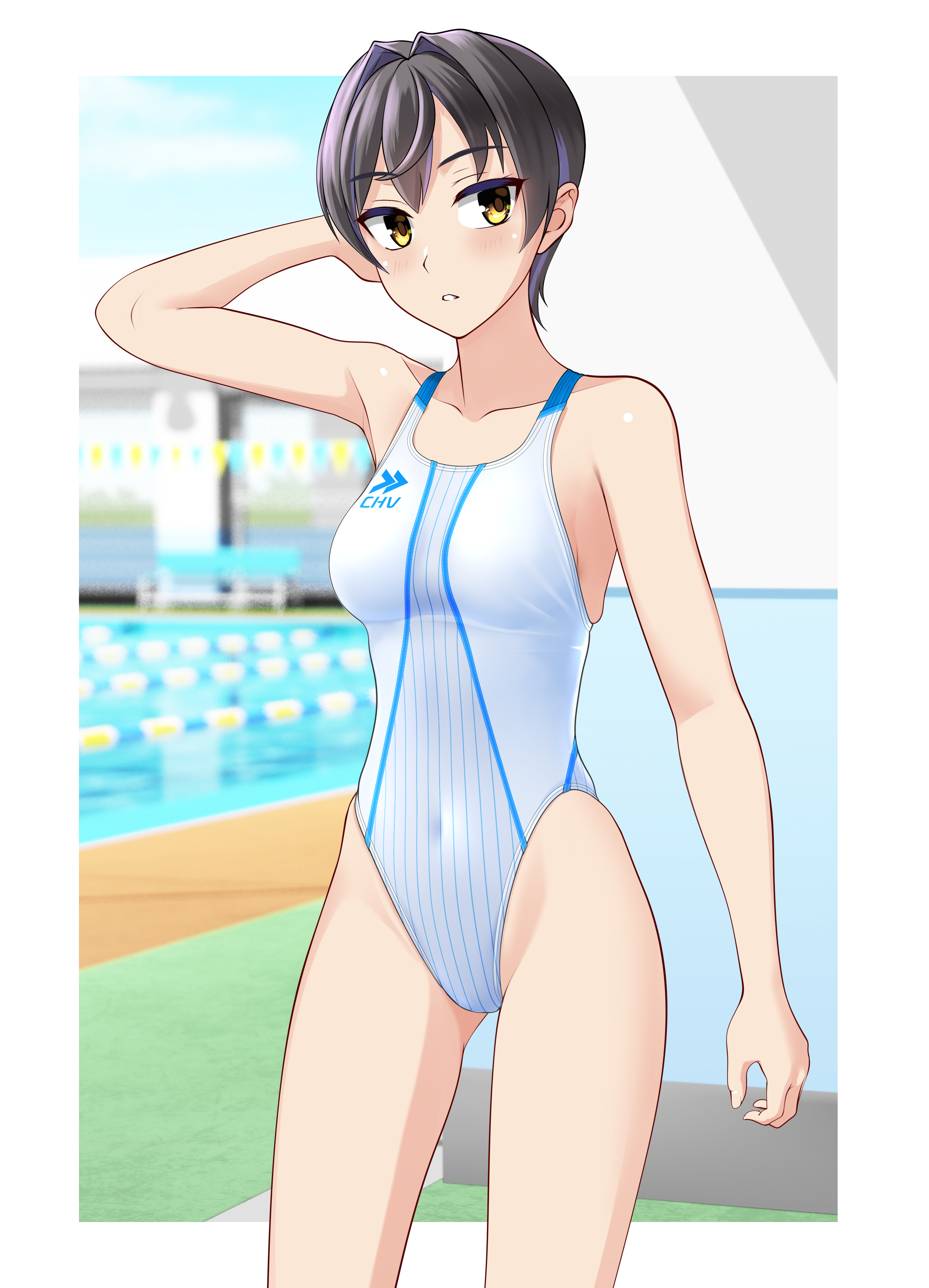 takafumi, original, absurdres, commentary request, highres, variant set, 1girl, black hair, breasts, brown eyes, competition swimsuit, covered navel, cowboy shot, gluteal fold, groin, highleg, highleg one-piece swimsuit, indoors, lane line, medium breasts, one-piece swimsuit, pool, short hair, solo, standing, swimsuit, two-tone swimsuit, white one-piece swimsuit