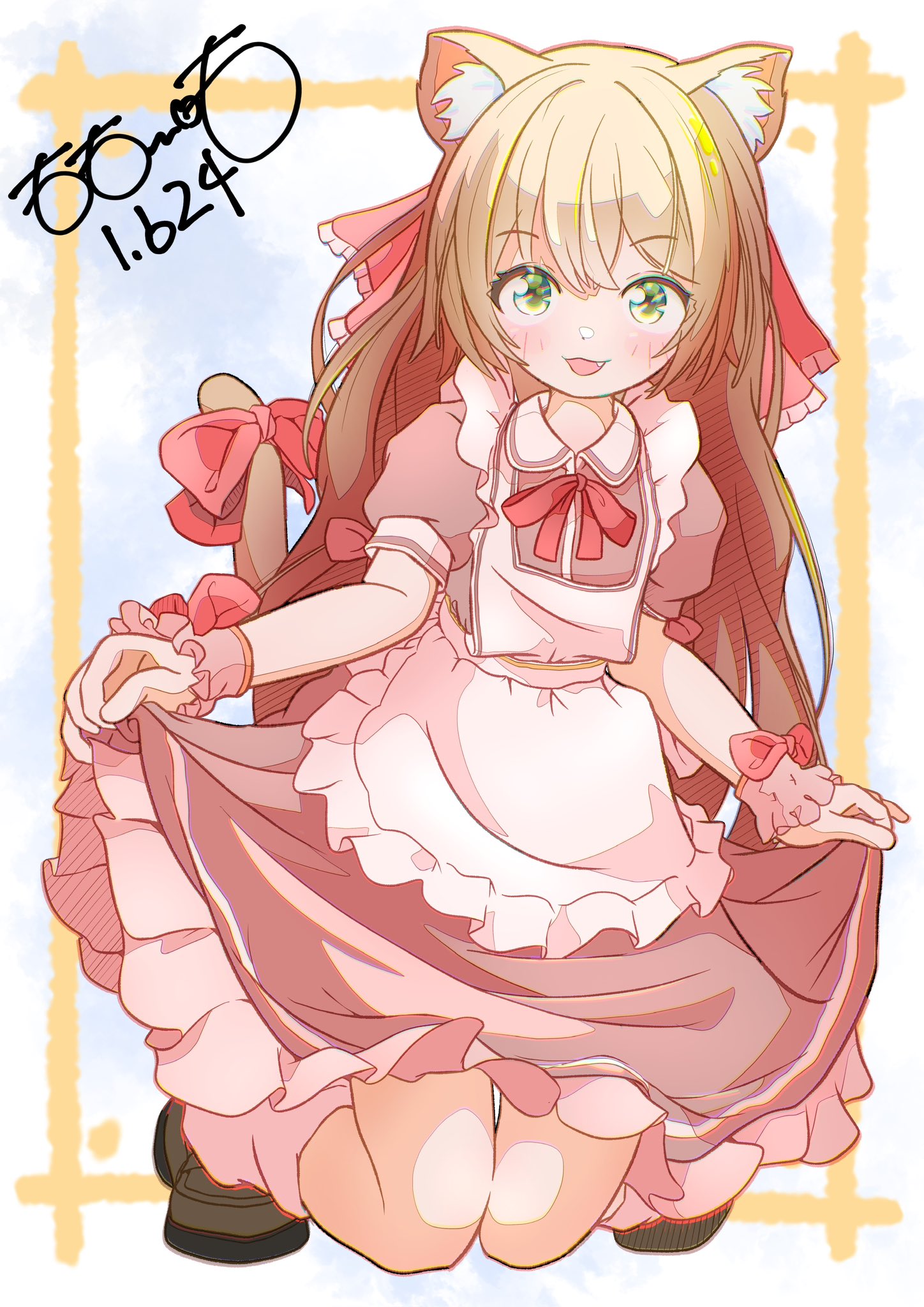 totomoto, original, highres, 1girl, :d, animal ear fluff, animal ears, apron, artist name, blush, border, bow, brown dress, brown hair, brown shoes, cat ears, cat girl, cat tail, collared dress, curtsey, dot nose, double-parted bangs, dress, fang, frilled apron, frilled armlet, frills, green eyes, hair between eyes, hair bow, kneeling, long hair, looking at viewer, open mouth, outside border, pink socks, puffy short sleeves, puffy sleeves, red bow, shoes, short sleeves, sidelocks, signature, simple background, skirt hold, smile, socks, solo, tail, thighs, tube socks, white apron, yellow border