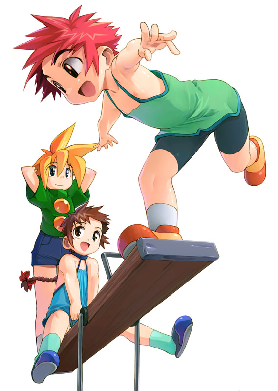 satou toshiyuki, original, 1boy, 2girls, bike shorts, camisole, dress, flat chest, happy, loli, multiple girls, nipple slip, nipples, playing, red hair, seesaw, smile