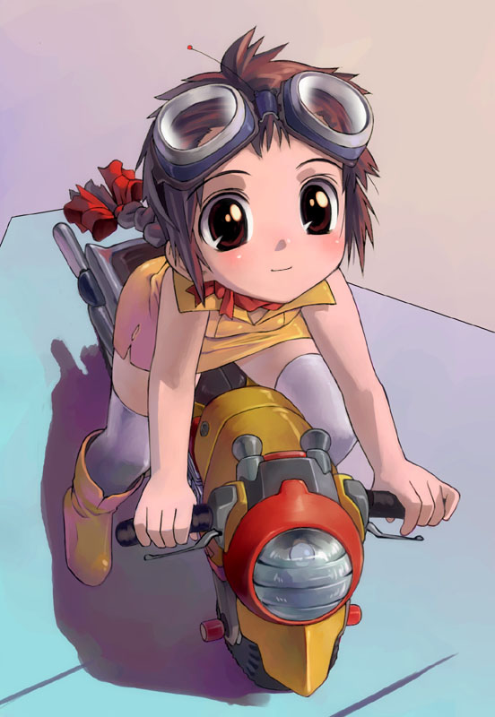 satou toshiyuki, original, vehicle, blush, braid, brown eyes, brown hair, child, goggles, long hair, motor vehicle, motorcycle, smile, solo, thighhighs, white thighhighs