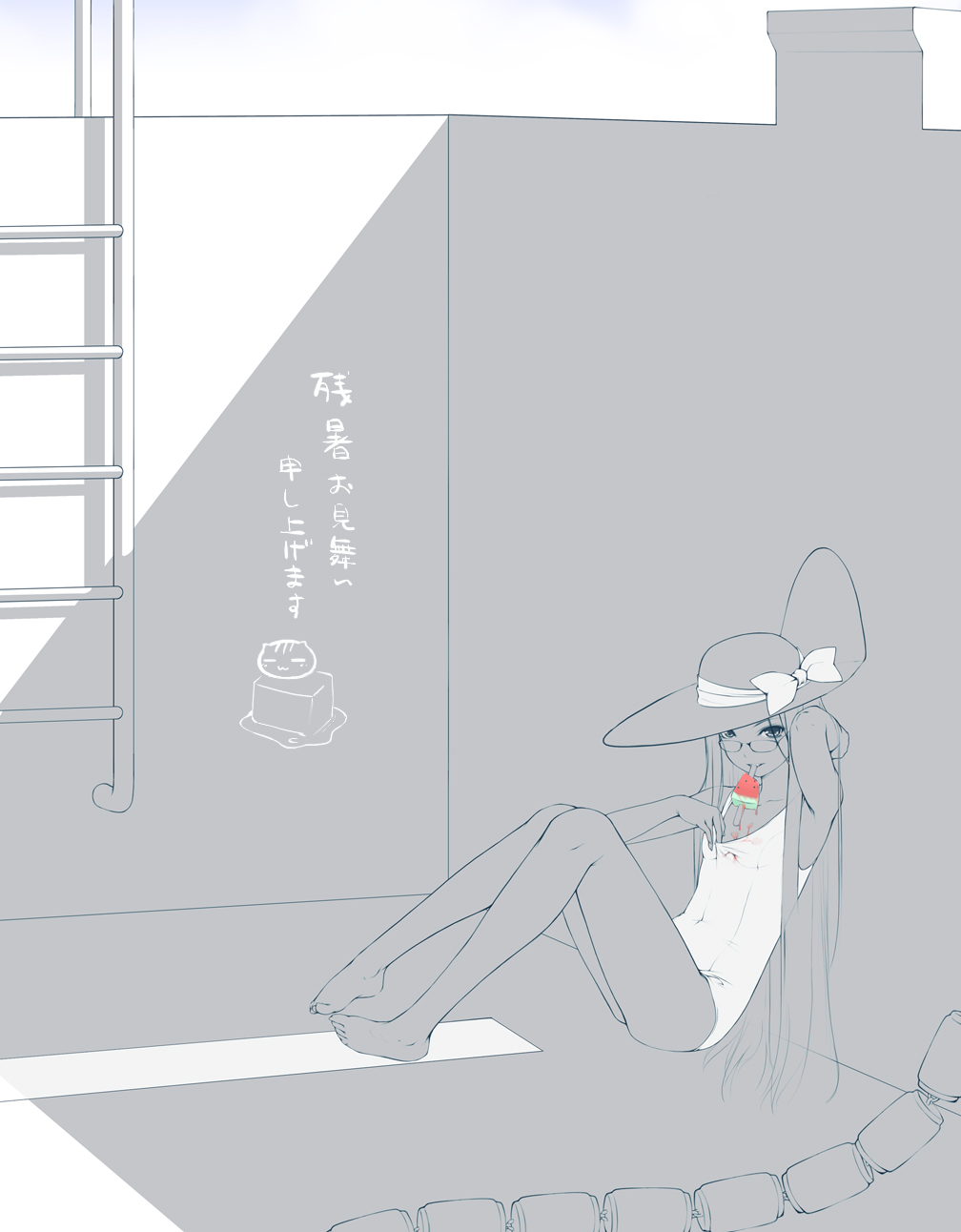 ooji, original, highres, 1girl, adjusting clothes, adjusting swimsuit, arm behind head, barefoot, dripping, empty pool, feet, female focus, flat chest, food, glasses, hat, lane line, long hair, monochrome, mouth hold, one-piece swimsuit, pool, pool ladder, popsicle, school swimsuit, sitting, smile, solo, spot color, sun hat, swimsuit, watermelon bar