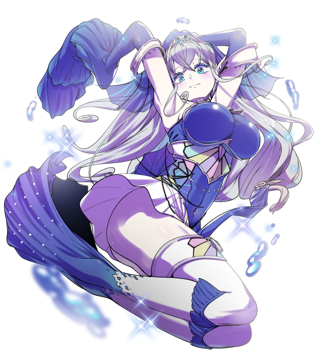 aoi takeru, kitkallos (yu-gi-oh!), tearlaments kitkallos, yu-gi-oh!, commentary request, highres, 1girl, arm fins, armpits, arms up, breasts, closed mouth, covered navel, duel monster, fish girl, full body, large breasts, long hair, looking at viewer, purple hair, solo, tiara, white background