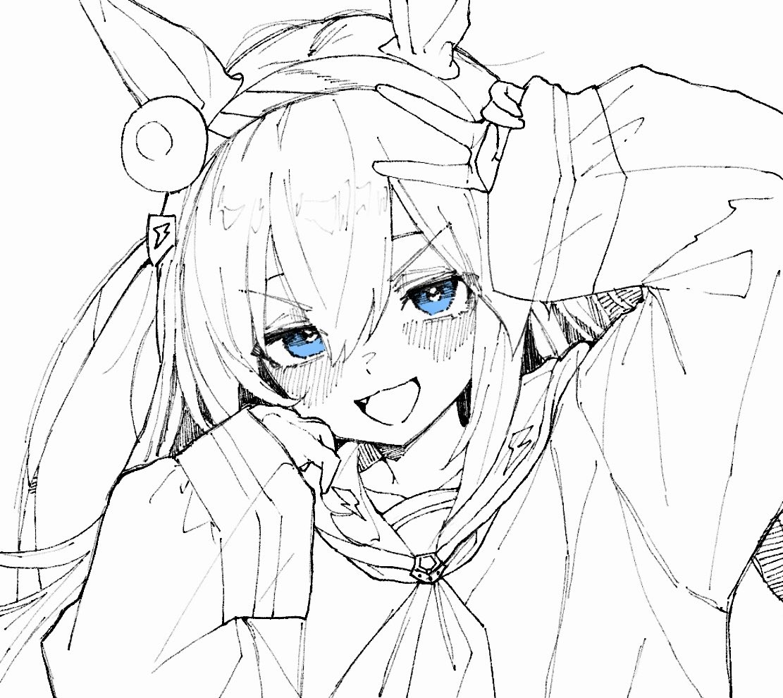 tamamo cross (umamusume), umamusume, commentary request, 1girl, animal ears, blush, bow, ear bow, ear covers, ear ornament, fang, grey hair, hair between eyes, hairband, headband, horse ears, horse girl, jacket, kaiwan (kaiwan zhang), long hair, long sleeves, open mouth, sailor collar, school uniform, shirt, smile, solo, striped clothes, striped hairband, very long hair