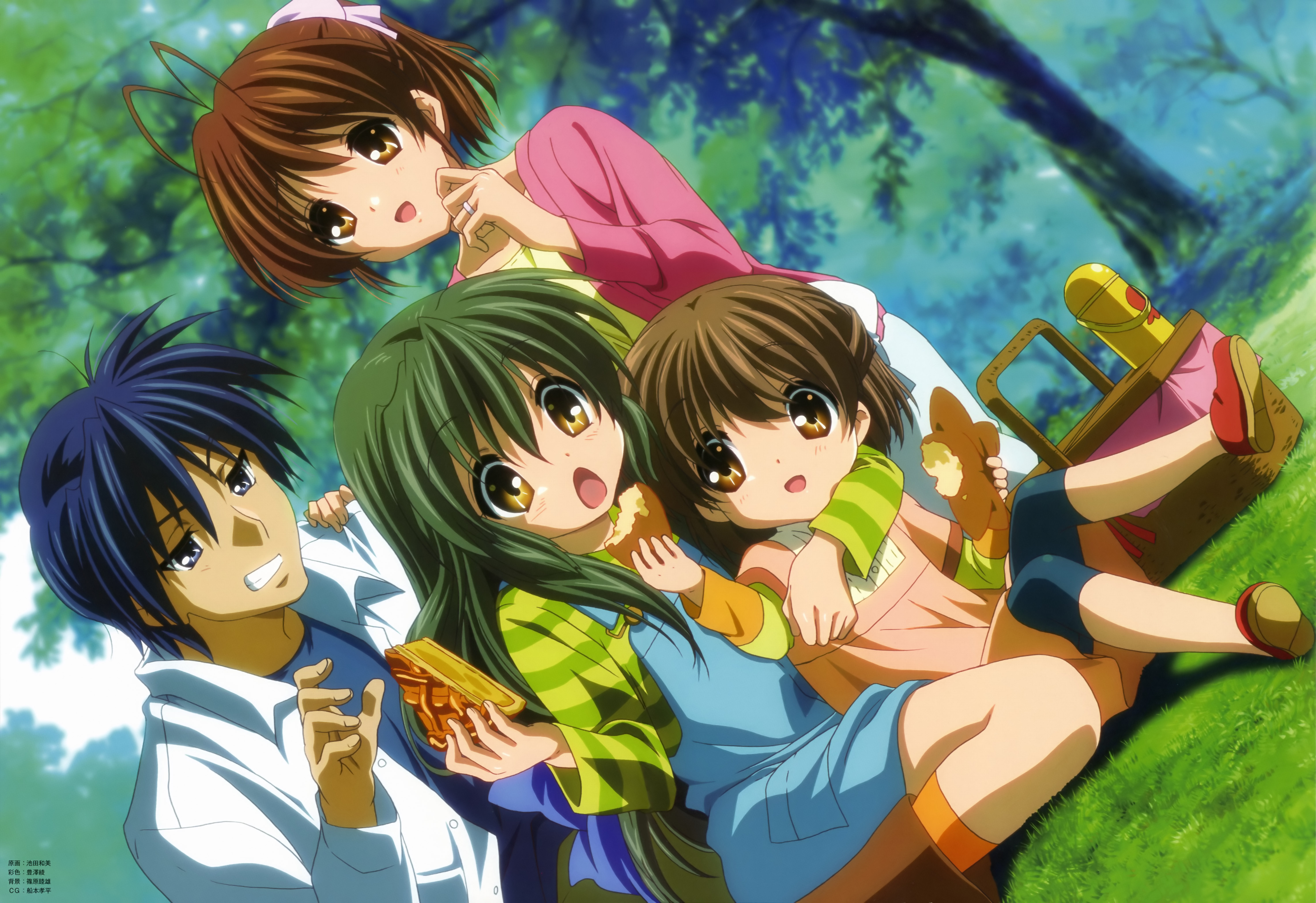 ikeda kazumi, furukawa nagisa, ibuki fuuko, okazaki tomoya, okazaki ushio, clannad, striped, absurdres, highres, non-web source, official art, 00s, 1boy, 3girls, antenna hair, blue eyes, blue hair, bow, bread, brown eyes, brown hair, casual, child, dutch angle, family, family bonding, food, green hair, grin, long hair, multiple girls, open mouth, overalls, picnic, picnic basket, pie, ponytail, shoes, short hair, smile