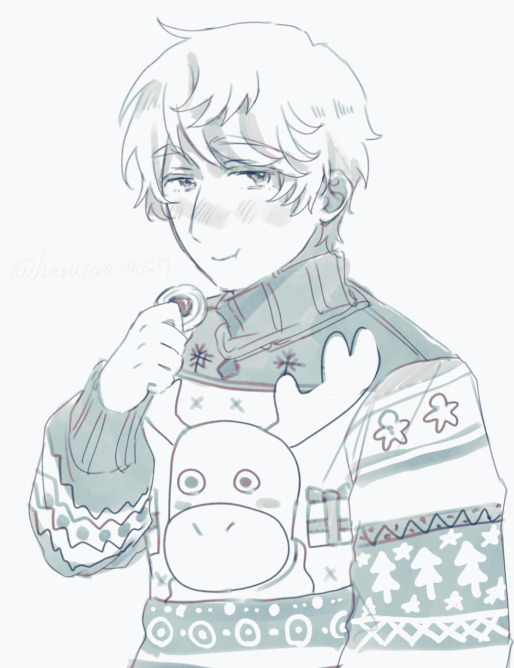 russia (hetalia), axis powers hetalia, commentary request, highres, 1boy, animal print, artist name, blush, christmas sweater, christmas tree print, closed mouth, cookie, deer print, eating, food, greyscale, half-closed eyes, hand up, harutoro 39487, holding, holding food, long sleeves, looking at viewer, male focus, monochrome, puffy long sleeves, puffy sleeves, short hair, simple background, snowflake print, solo, star (symbol), star print, sweater, turtleneck, turtleneck sweater, upper body