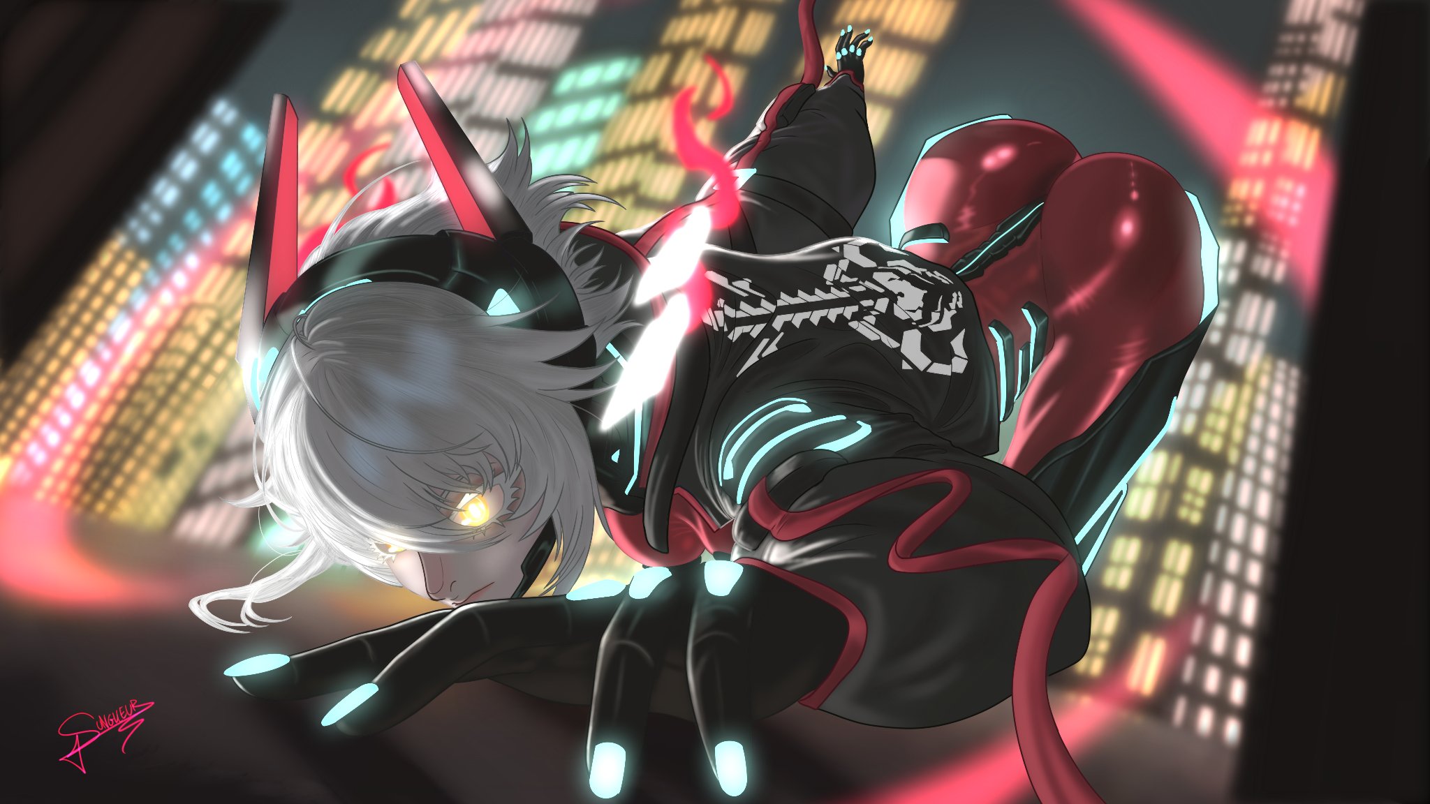 zentreya, zentreya (cyborg), zentreya (cyborg) (1st costume), indie virtual youtuber, commentary, english commentary, highres, 1girl, all fours, aqua nails, ass, black gloves, black jacket, bodysuit, breasts, chin guard, cityscape, gloves, glowing nails, grey hair, hair between eyes, horns, impossible bodysuit, impossible clothes, jacket, looking at viewer, mechanical horns, mechanical legs, outdoors, red bodysuit, shiny clothes, short hair, skin tight, solo, sungueur, top-down bottom-up, virtual youtuber, yellow eyes