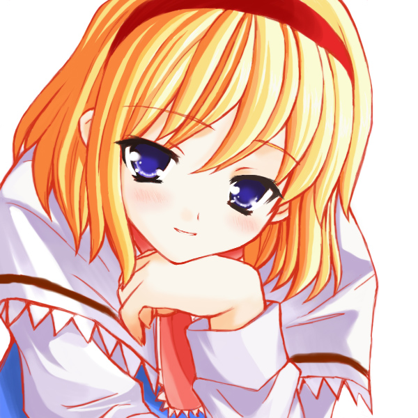 nrvnqsr666, alice margatroid, touhou, 1girl, blonde hair, blue eyes, blush, female focus, hairband, head rest, looking at viewer, short hair, smile, solo