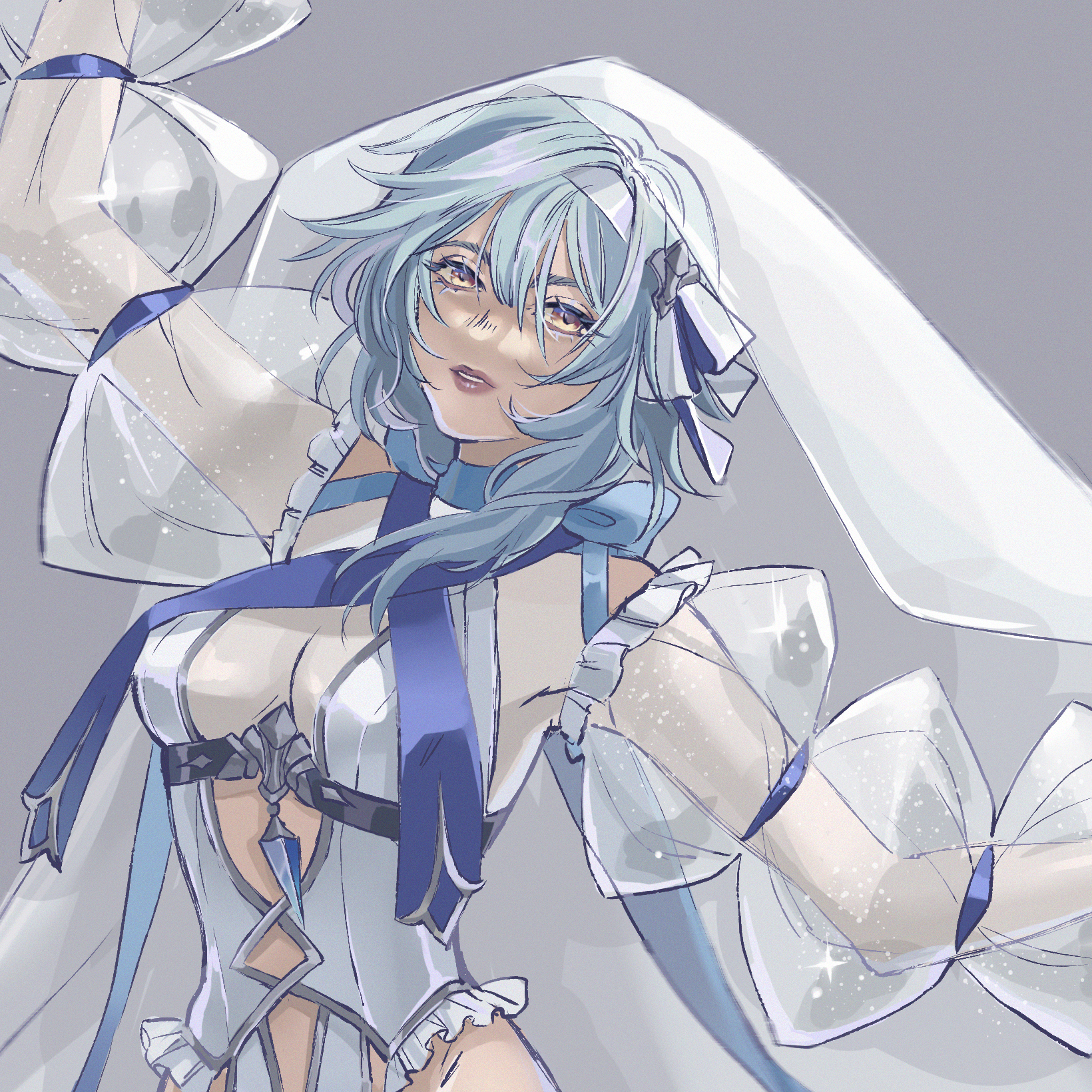 princess ailish, eula (genshin impact), genshin impact, highres, 1girl, alternate costume, blue bow, blue hair, bow, breasts, bridal veil, cleavage, hairband, long sleeves, looking at viewer, medium hair, solo, upper body, veil, white hairband