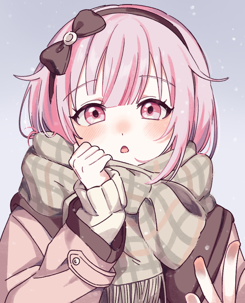 ootori emu, project sekai, commentary, symbol-only commentary, 1girl, black bow, black hairband, blush, bow, bow hairband, clothes grab, grey background, grey scarf, hair bow, hairband, jacket, long sleeves, looking at viewer, mau (mauchannnn), neckwear grab, nose blush, open mouth, pink eyes, pink hair, pink jacket, scarf, scarf grab, simple background, sleeves past wrists, snowing, solo, sweater, upper body, white sweater