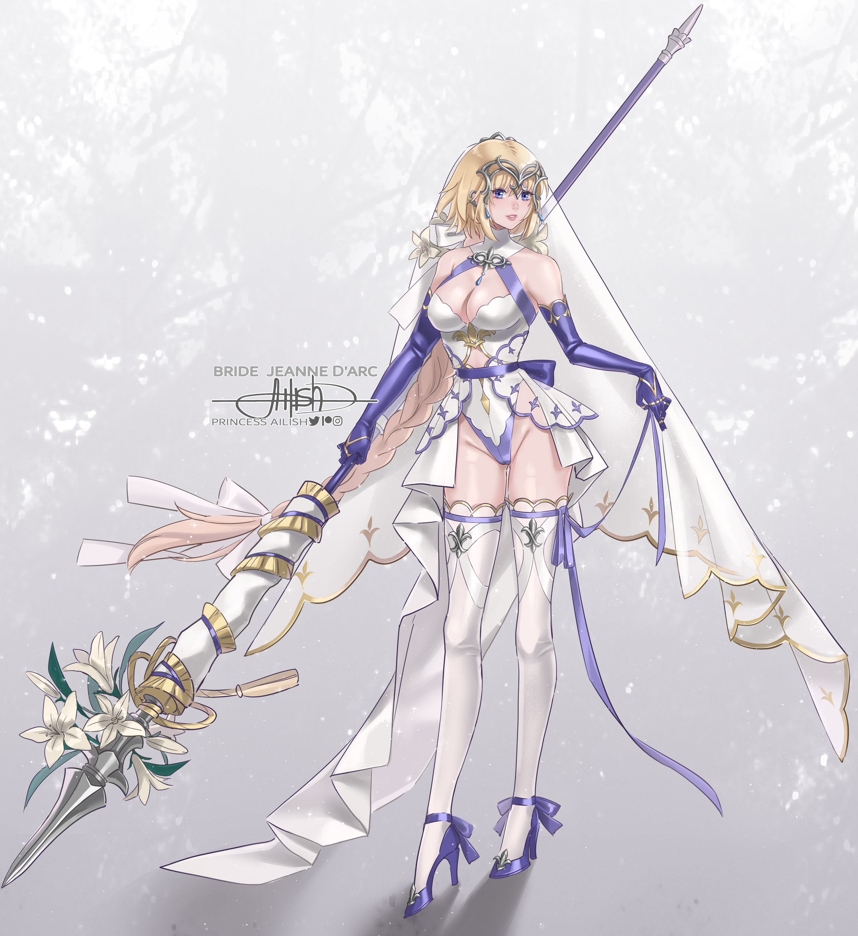 princess ailish, jeanne d'arc (fate), fate/apocrypha, fate/grand order, fate (series), absurdres, highres, 1girl, alternate costume, artist name, bare shoulders, battle standard, blonde hair, blue eyes, blue ribbon, braid, breasts, character name, cleavage, flag, full body, headpiece, holding, holding flag, large breasts, long braid, long hair, looking at viewer, ribbon, signature, single braid, solo, standard bearer, thighhighs, very long hair, war flag, white thighhighs
