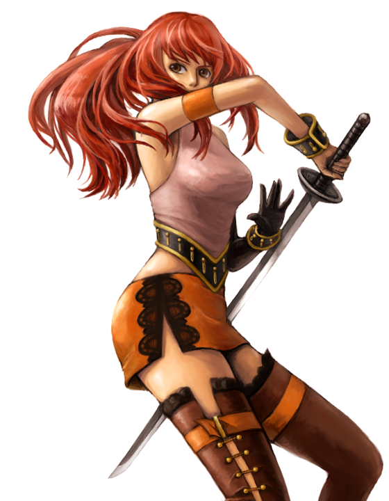 yoriko (shiyo), karin koenig, shadow hearts, shadow hearts ii, armband, boots, brown eyes, long hair, red hair, side slit, solo, sword, thigh boots, thighhighs, weapon, zettai ryouiki