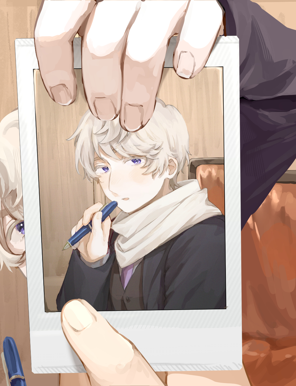 russia (hetalia), axis powers hetalia, commentary request, highres, 1boy, black jacket, black vest, blush, buttons, chair, fingernails, formal clothes, hand up, harutoro 39487, holding, holding pen, holding photo, indoors, jacket, lapels, long sleeves, looking at viewer, male focus, necktie, on chair, open clothes, open jacket, open mouth, pen, photo (object), purple eyes, purple necktie, scarf, shirt, short hair, solo, suit, suit jacket, table, vest, white hair, white scarf, white shirt