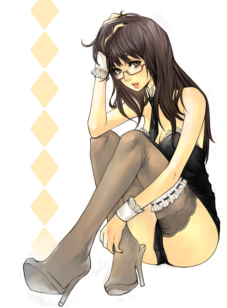 hitowa, original, lace-trimmed legwear, 1girl, brown eyes, brown hair, female focus, frilled thigh strap, glasses, high heels, lace, lace trim, legs, lips, long hair, necktie, shoes, sitting, solo, thigh strap, thighhighs, wrist cuffs