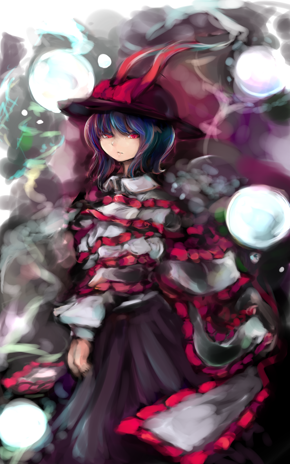 tasu tasuta, nagae iku, touhou, bad id, bad pixiv id, highres, 1girl, blue hair, bow, female focus, hat, multicolored hair, pink eyes, purple hair, red eyes, short hair, solo, standing