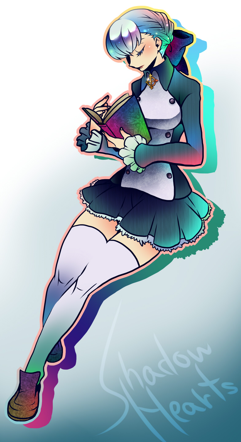 gonmasa, alice elliot, shadow hearts, highres, book, closed eyes, solo, thighhighs, zettai ryouiki