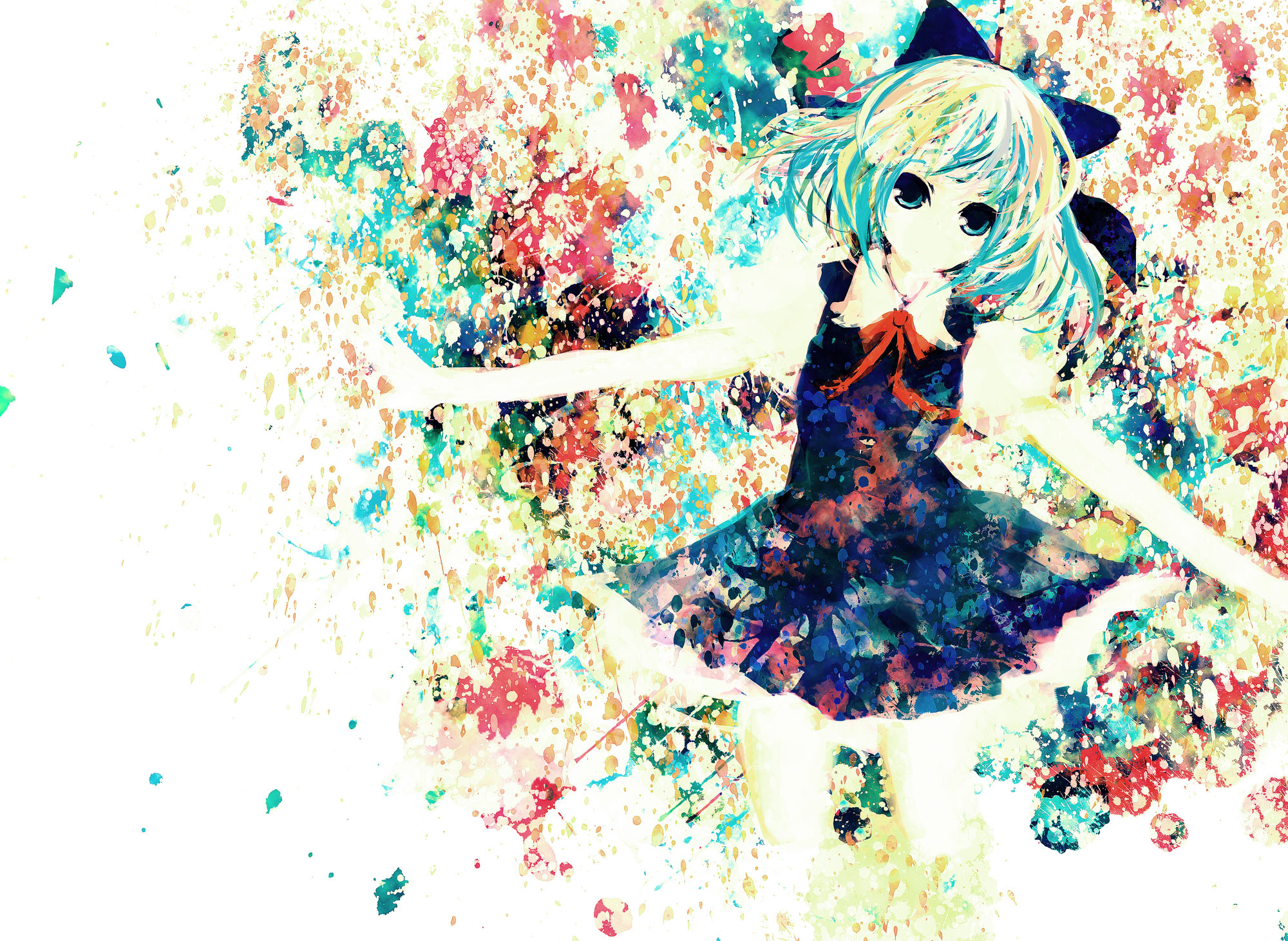 chihiro 2 (artist), meola, cirno, embodiment of scarlet devil, touhou, bad id, bad pixiv id, highres, dress, head tilt, paint splatter, pinafore dress, sleeveless, sleeveless dress, solo