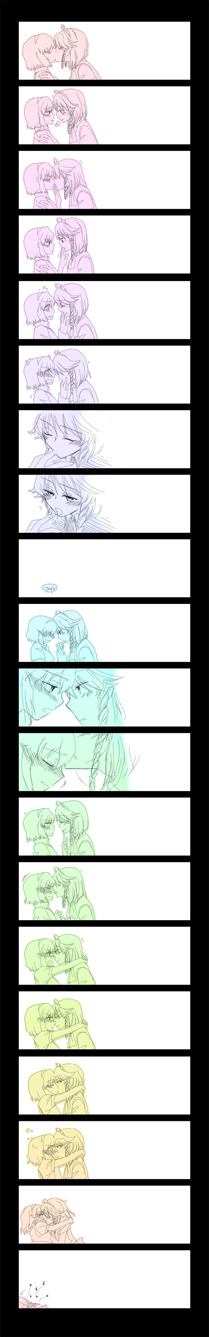 megumiya, alice margatroid, izayoi sakuya, touhou, finger in mouth, absurdres, bad id, bad pixiv id, highres, long image, tall image, 2girls, braid, comic, female focus, finger sucking, hairband, heart, hug, kiss, monochrome, multiple girls, short hair, silent comic, surprised, yuri