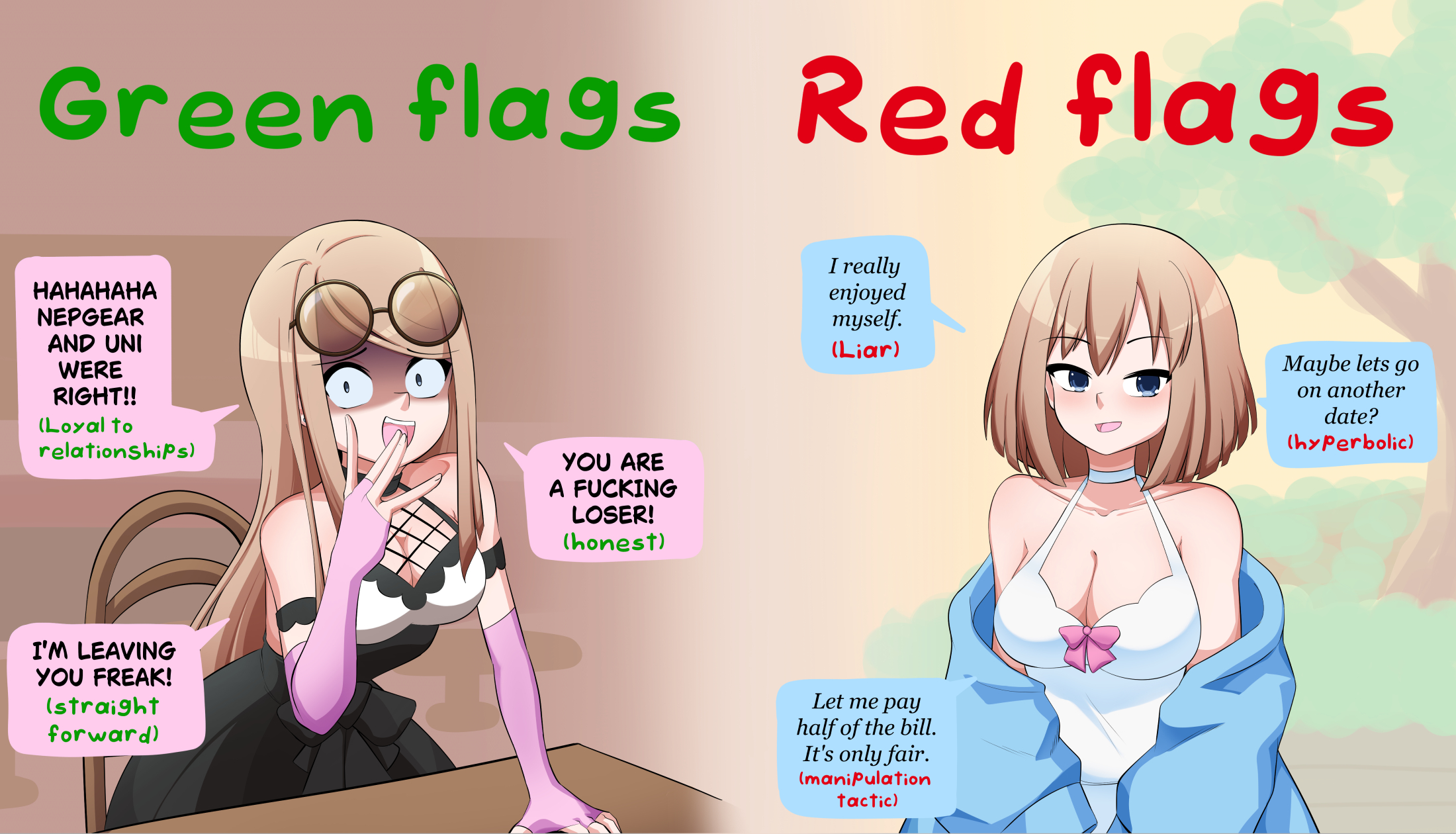 bmkro, ram (neptunia), rom (neptunia), neptune (series), commentary, commission, english commentary, highres, 2girls, bare shoulders, blue eyes, blush, bow, breasts, brown hair, elbow gloves, english text, gloves, indoors, long hair, multiple girls, open mouth, outdoors, short hair, siblings, sisters, speech bubble, sunglasses, tree