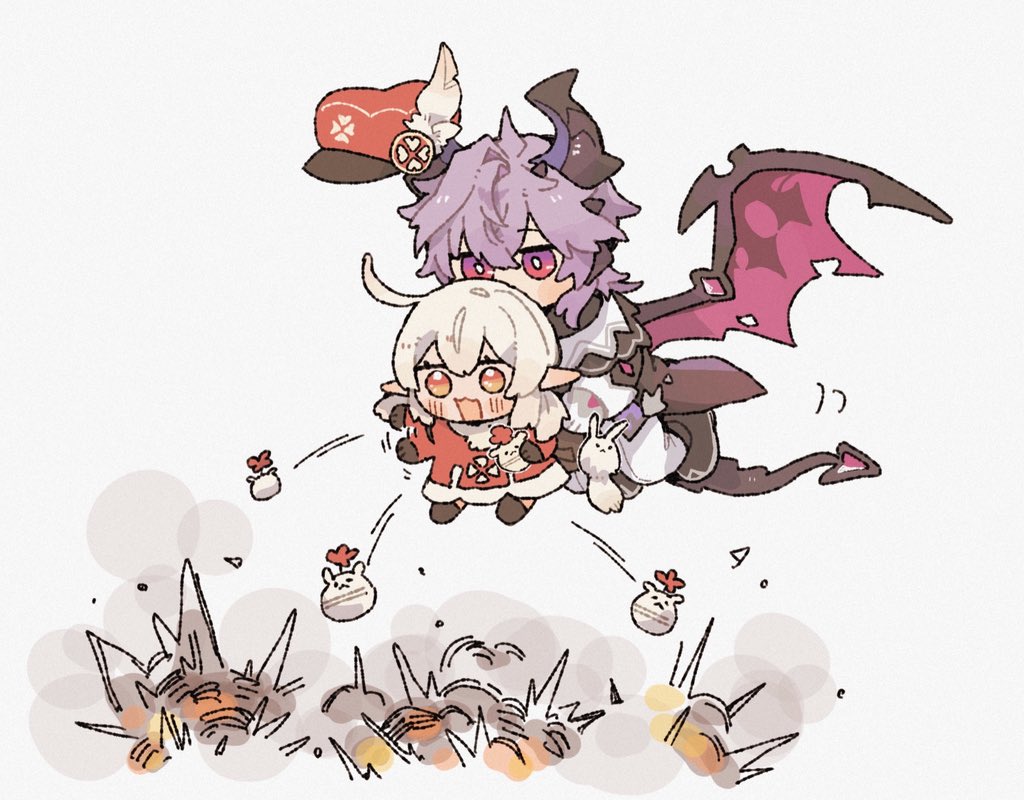 zundoko oniku, dodoco (genshin impact), jumpy dumpty, klee (genshin impact), mini durin (genshin impact), mini durin (human) (genshin impact), genshin impact, 1boy, 1girl, blush, chibi, chibi only, clover print, dragon boy, dragon horns, dragon wings, floating hat, hat, hat feather, horns, newsboy cap, peaked cap, pointy ears, purple eyes, purple hair, red hat, wings