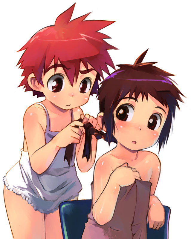 satou toshiyuki, original, 2girls, blush, braid, brown eyes, brown hair, camisole, child, comb, multiple girls, naked towel, red hair, towel