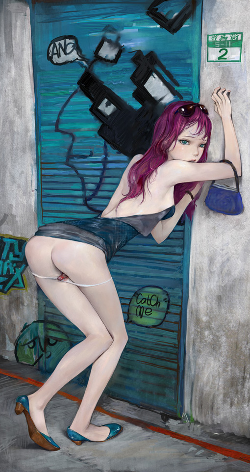 amatiz, bad id, 1girl, against wall, aqua eyes, ass, backless outfit, bag, bare back, bent over, blood, blue eyes, clothes lift, dress, dress lift, elbow carry, eyewear on head, female focus, from behind, graffiti, green eyes, handbag, high heels, looking at viewer, looking back, menstruation, panties, panty pull, pink hair, purple hair, realistic, road, shoes, short dress, solo, street, sunglasses, tampon, underwear, undressing
