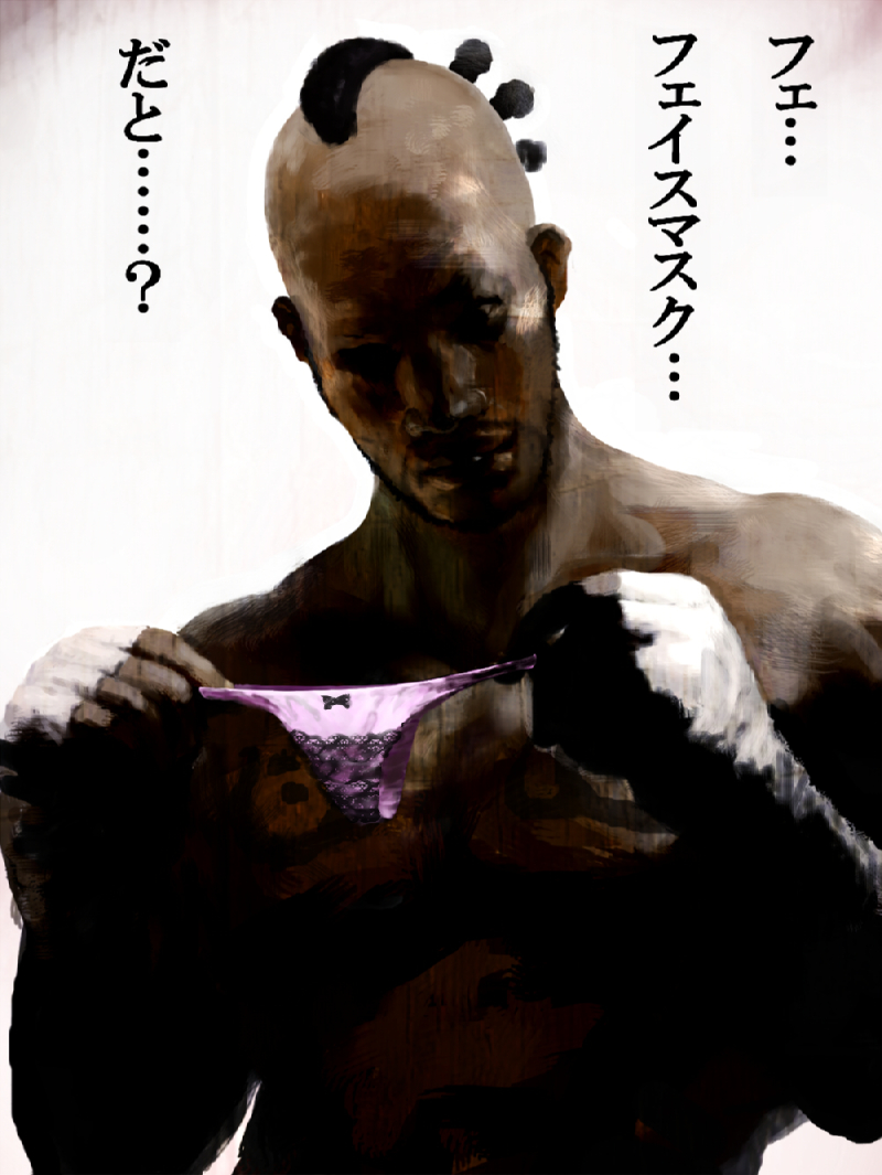 nupeshiko, bruce irvin, namco, tekken, tekken 2, tekken tag tournament, bad id, bad pixiv id, translated, 1boy, dark-skinned male, dark skin, fingerless gloves, gloves, male focus, panties, pink panties, solo, topless male, underwear