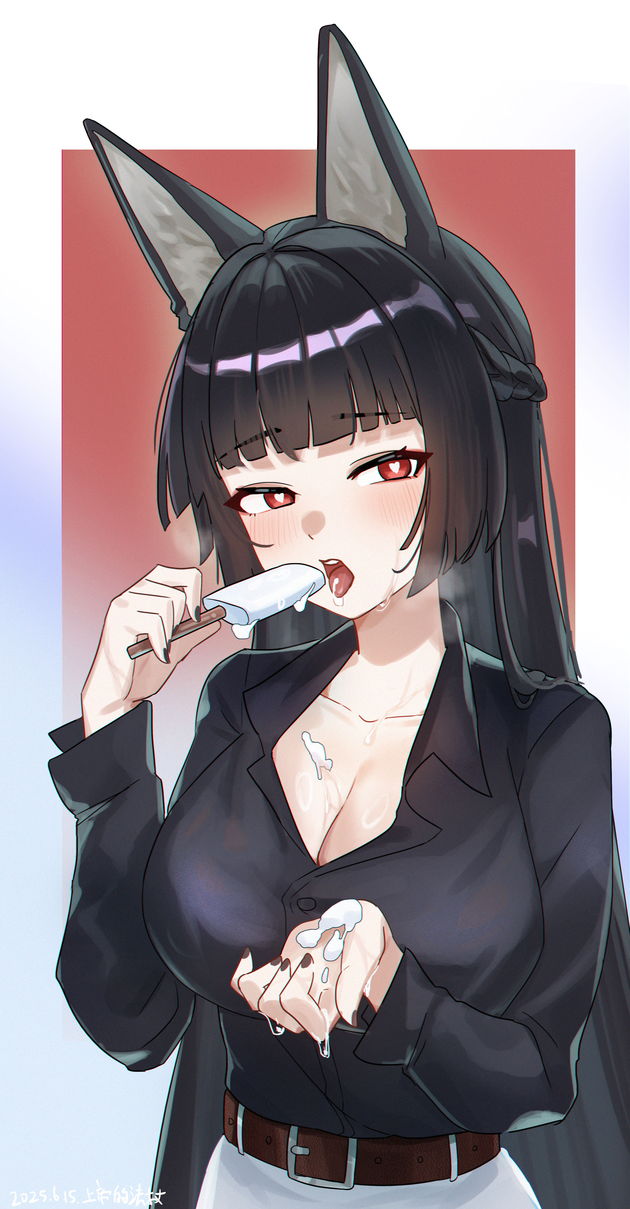 shangdi de fa zhang, hoshimi miyabi, zenless zone zero, absurdres, chinese commentary, commentary request, highres, 1girl, alternate costume, animal ears, artist name, belt, black nails, black shirt, blunt bangs, border, braid, breasts, bright pupils, brown belt, casual, cleavage, collarbone, collared shirt, cowboy shot, dated, dress shirt, film grain, food, fox ears, fox girl, hair over shoulder, half up braid, hands up, heart, heart-shaped pupils, hime cut, holding, holding food, holding popsicle, large breasts, long hair, looking at viewer, melting popsicle, nail polish, open mouth, outside border, popsicle, red background, red eyes, sexually suggestive, shirt, sidelocks, simple background, solo, straight hair, suggestive fluid, sweat, symbol-shaped pupils, teeth, tongue, tongue out, tsurime, upper teeth only, very long hair, white border, white pupils