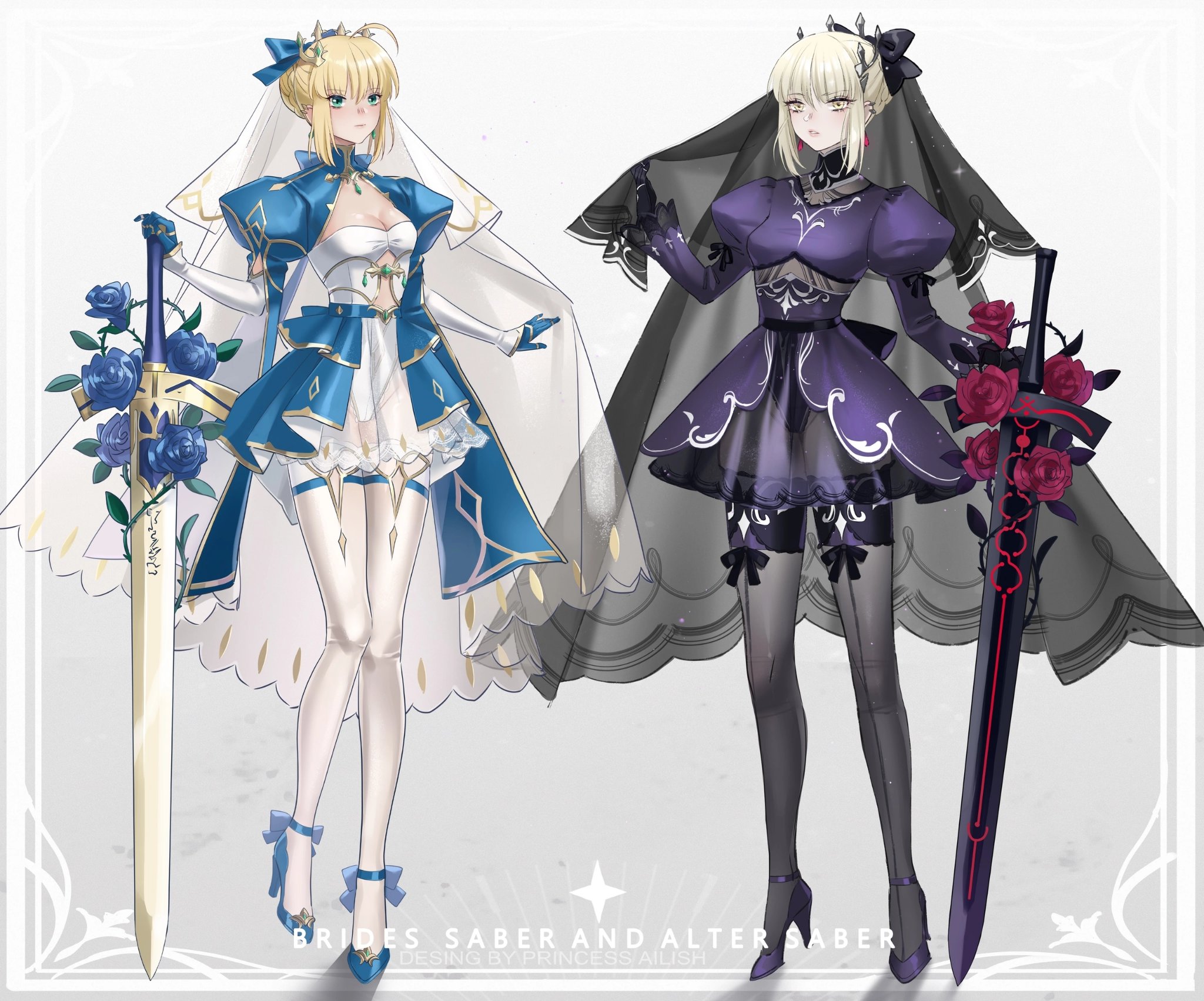 princess ailish, artoria pendragon (fate), saber (fate), saber alter, fate/grand order, fate/stay night, fate (series), heaven's feel, commentary, english commentary, highres, 2girls, adapted costume, ahoge, black dress, blonde hair, blue dress, braid, braided bun, breasts, bridal veil, character name, cleavage, dark persona, dress, dual persona, excalibur (fate/stay night), excalibur morgan (fate), flower, full body, green eyes, hair bun, hair ribbon, juliet sleeves, long sleeves, medium breasts, multiple girls, puffy sleeves, ribbon, rose, single hair bun, thighhighs, veil, weapon, yellow eyes