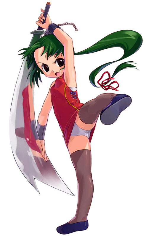 satou toshiyuki, 1girl, angry, armpits, china dress, chinese clothes, dress, female focus, green hair, hair bun, high kick, huge weapon, kicking, loli, long hair, panties, pantyshot, ponytail, single hair bun, solo, sword, thighhighs, underwear, weapon, white panties