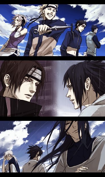 lily (artist), haruno sakura, orochimaru (naruto), sai (naruto), uchiha itachi, uchiha sasuke, uzumaki naruto, yakushi kabuto, yamato (naruto), naruto (classic), naruto (series), naruto shippuuden, 1girl, 6+boys, :d, black hair, blonde hair, blue eyes, brothers, brown hair, comic, expressionless, forehead protector, headband, kunai, long hair, multiple boys, open mouth, pink hair, ponytail, siblings, sidelocks, smile, spiked hair, sword, upper body, weapon, white hair