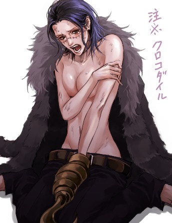 lily (artist), crocodile (one piece), one piece, lowres, translated, 1girl, black hair, blue hair, breasts, covering breasts, covering privates, female focus, genderswap, genderswap (mtf), hook, hook hand, scar, solo, stitches, topless female