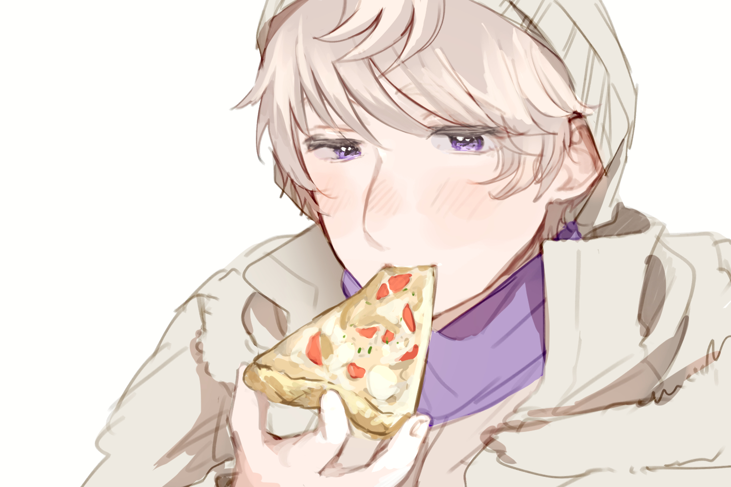 russia (hetalia), axis powers hetalia, commentary request, 1boy, blush, down jacket, eating, fingernails, food, fur-trimmed jacket, fur trim, grey hair, hair between eyes, half-closed eyes, hand up, harutoro 39487, hat, holding, holding food, holding pizza, jacket, looking at food, looking down, male focus, open clothes, open jacket, pizza, pizza slice, purple eyes, purple scarf, scarf, short hair, simple background, solo, upper body, white background, white hat, white jacket