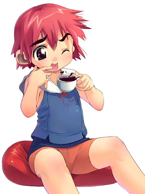 satou toshiyuki, original, bike shorts, blush, brown eyes, child, coffee, cup, red hair, short hair, sitting, solo, tongue