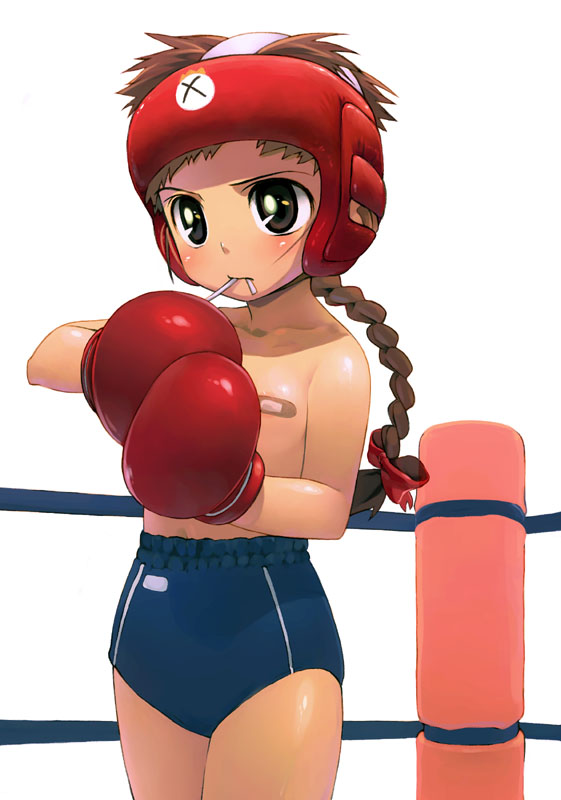 satou toshiyuki, original, 1girl, bandaid, bandaids on nipples, blue buruma, blush, boxing, boxing gloves, boxing headgear, boxing ring, braid, brown eyes, brown hair, buruma, female focus, headgear, loli, long hair, mouth hold, pasties, solo, topless female