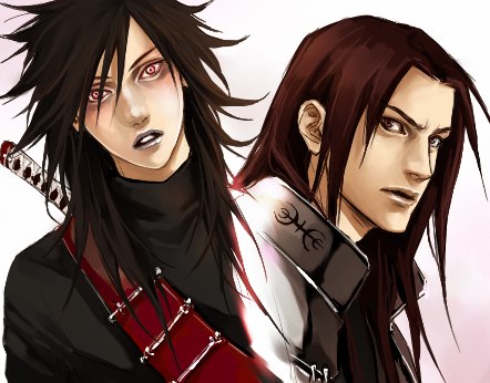 lily (artist), senju hashirama, uchiha madara, naruto (classic), naruto (series), lowres, 2boys, gradient background, male focus, multiple boys, white background