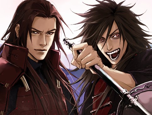 lily (artist), senju hashirama, uchiha madara, naruto (classic), naruto (series), lowres, 2boys, armor, gradient background, gunbai, looking at viewer, male focus, multiple boys, sword, war fan, weapon, white background