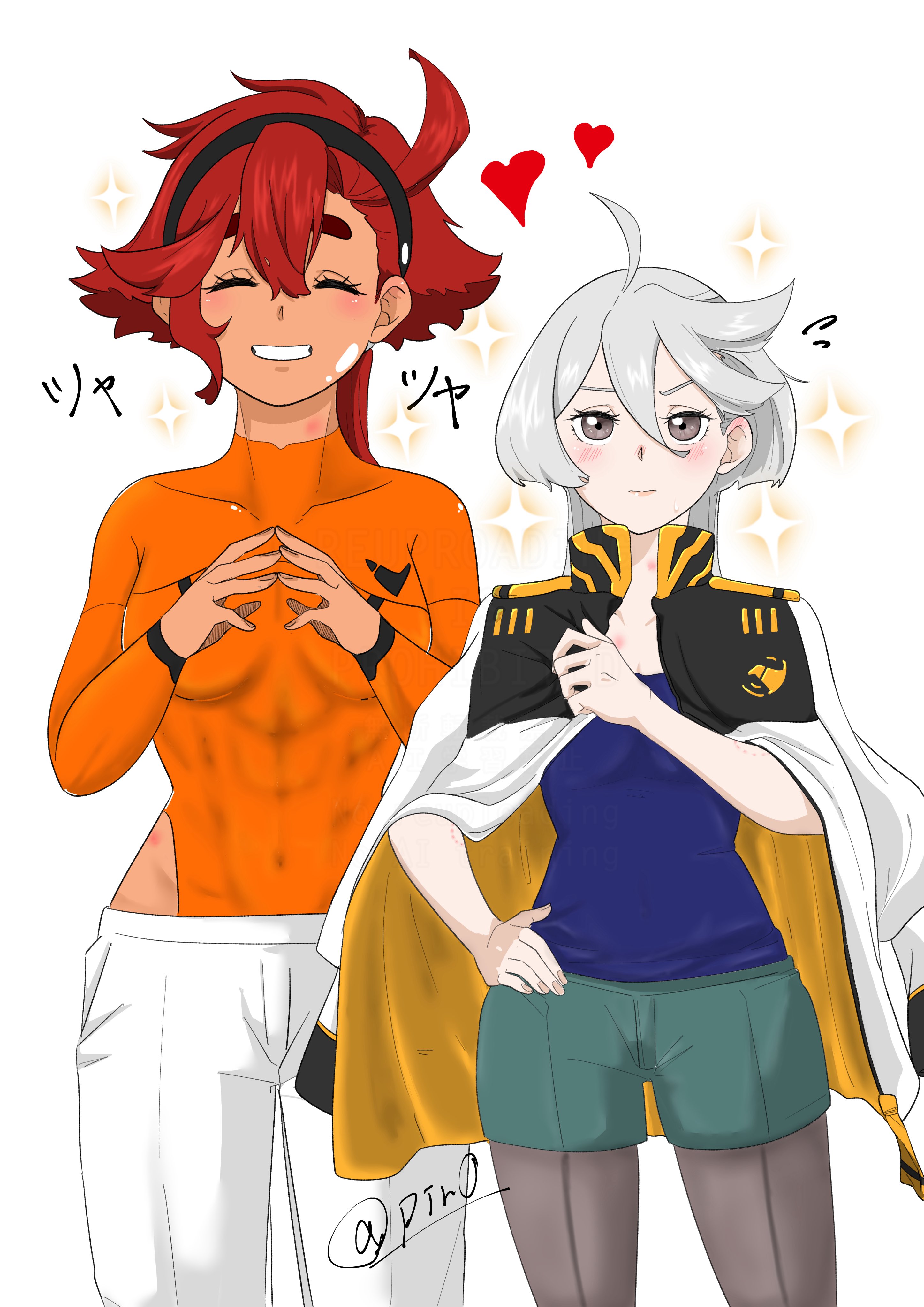 715piro gon, miorine rembran, suletta mercury, gundam, gundam suisei no majo, absurdres, commentary request, highres, 2girls, ahoge, asticassia school uniform, black hairband, black pantyhose, blue camisole, blush, borrowed clothes, camisole, closed eyes, closed mouth, covered abs, green jacket, grey eyes, grey hair, grin, hairband, hand on own hip, heart, hickey, jacket, long hair, multiple girls, orange shirt, pantyhose, red hair, school uniform, shirt, shorts, simple background, smile, sparkle, sweat, thick eyebrows, white background, white jacket, white shorts, yuri