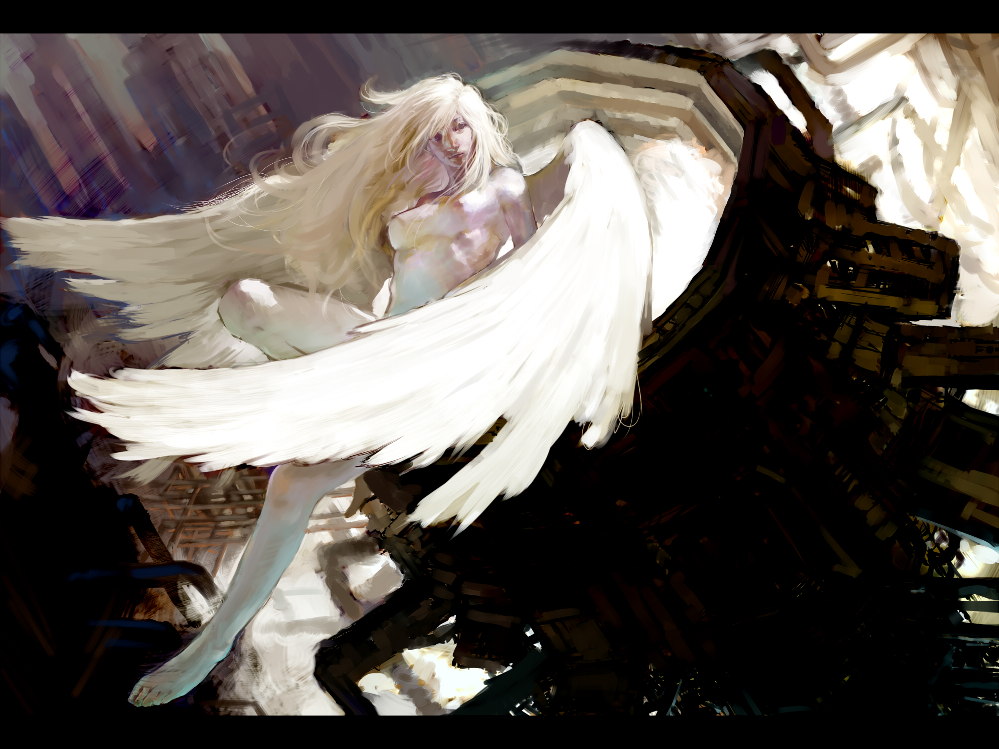 nupeshiko, original, bad id, bad pixiv id, highres, 1girl, blonde hair, breasts, female focus, flying, full body, letterboxed, long hair, nipples, nude, solo, swept bangs, wings